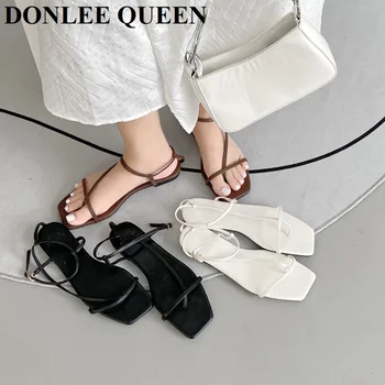2022. Gada Vasaras Sandales Sieviešu Plakanam Un Kvadrātveida Kājām Modes Zīmola Šaurā Joslā Sandales Gadījuma Tupele Kurpes Vintage Open Toe Sandalias Mujer