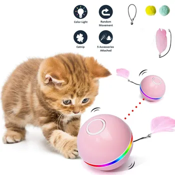 Automātiskā Smart Cat Rotaļlietas Bumbu Interaktīvās Catnip USB Lādējamu Sevi Rotējošo Krāsains Led Spalvu Zvani Rotaļlietas, lai Kaķiem Kaķēns
