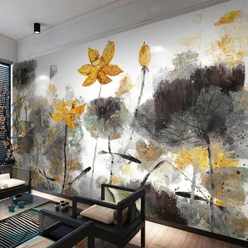 Pasūtījuma Sienas Tapetes Jaunu Ķīniešu Stilā 3D Tintes Lotus Golden Flower Dekoratīvās Glezniecības Dzīvojamā Istabā TV Fona Sienu Gleznojumi 3D