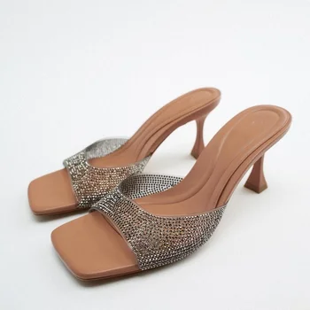 Peep Toe Sieviešu Sandales Vasarā 2022 Augstiem Papēžiem Spilgti Rhinestones Sexy Caurspīdīgs PVC Slip-on Moderns Dizainers Dāmas Kurpes
