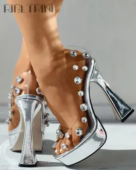 RIBETRINI Jaunu Modes Sexy Slingback PVC Kristāla Peep Toe Sieviešu Sandales augstpapēžu kurpes Paslīdēt Uz Kāzu Puse Platformu Elegants Kurpes