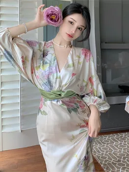 2022 Vintage Franču Stila Elegants Midi Kleitas Sievietēm Gadījuma Ziedu Drukāt Puse Vestdios Dāma Modes Tērpu