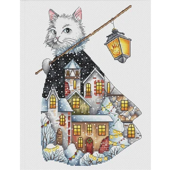 Amishop Zelta Kolekcija Skaitot Cross Stitch Komplektu Ziemassvētku Kaķis Gaismas Ziemassvētku Lampas Ciema Ziema Sniega