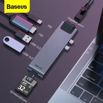 Baseus USB C Tipa RUMBAS C HD RJ45 Ethernet Multi USB 3.0 Strāvas Adapteris Priekš MacBook Pro Gaisa Xiaomi Notebook USB-C Doks Spliter
