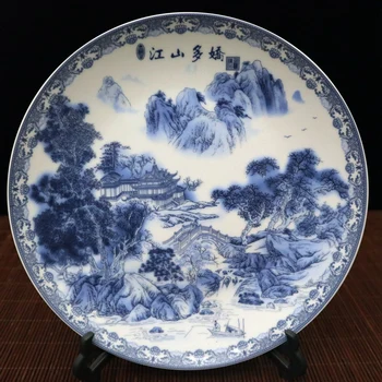 Izsmalcinātu Ķīniešu Zilā un Baltā Porcelāna Plāksnītes - Skaista Ķīniešu Ainavu Dekorācijas