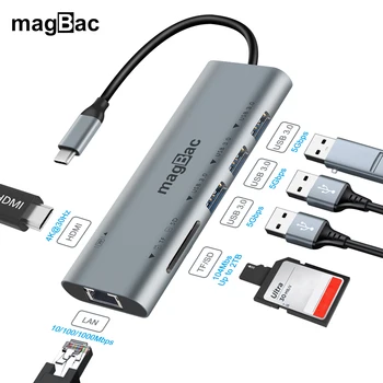 magBac USB Centrmezglam, kas ar 7 Porti 4K HDMI RJ45 Gigabit Ethernet, SD/TF Card Reader V3.0 USB3.0 C Tipa Rumbu Doks Macbook Pro Gaisa Xiaomi HP