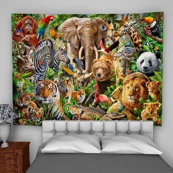 Meža Dzīvnieku Pasaulē, Gobelēns, Tīģeris, Lauva, Zilonis Briežu Koala Panda Tropu Rainforest Sienas Karājas Gobelēni Guļamistabai Joga