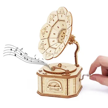 Phonograph Koka DIY Music Box Mehānismu Montāža Modeļu Veidošanas Komplekts 3D Puzzle, Galda Rotājumi Dzimšanas dienas Dāvana
