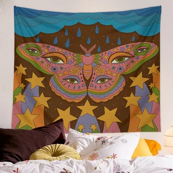 psychedelic Gobelēns 80s Retro Boho Psychedelic Butterfly Ziedu acu zvaigžņu debesis Sienas Karājas 90s Vintage Aptver Istabas Interjeru Mākslas