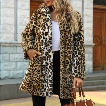 Rudens Ziemas Sievietes Mākslīgās Kažokādas Mētelis Streetwear Silts Plīša Teddy Mēteļi Ilgi Leopards Drukāt Luksusa Viltus Kažokādas Jaka Sieviešu Plīša Mētelis