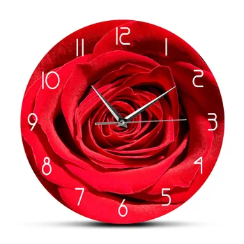 Sarkanas Rozes Ziedu Print Custom Nosaukums Sienas Pulkstenis Mūsdienu Ziedu Guļamistaba Dekori Personalizētu Dāvanu Viņai Botāniskais Sienas Mākslas Pulkstenis
