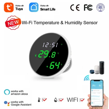 Tuya WiFi Temperatūras un Mitruma Sensors ar LCD Ekrāna, Trauksmes Push Strādā ar Alexa, Google Palīgs SmartLife/Tuya App