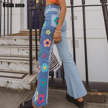 Unua amo Stilīgu Ziedu Plāksteris Izšuvumi Džinsa Bikses Sievietēm Streetwear Savvaļas Izlīdzināšanu Bikses Sieviešu Kontrasta Krāsu Baggy Džinsi