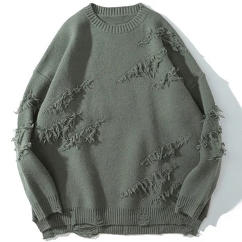 Vintage Džemperis Hip Hop Harajuku Vīriešu Apģērbu Streetwear Puloveri Lielgabarīta Džemperis Ripped Tīra Krāsa, Caurums, Vilnas Topi Trikotāžas